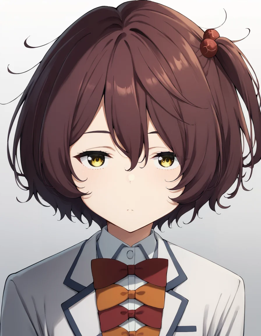 score_9, score_8_up, score_7_up, source_anime, BREAK
1girl, solo, looking at viewer, simple background, gradient background, portrait,
chika komari, brown hair, short hair, hair bobbles, hair between eyes, one side up, yellow eyes, expressionless,
winter school uniform, white blazer, white collared shirt, long sleeves, red bow, orange bow,
<lora:chika_komari_anime_v4-soralz:1>,