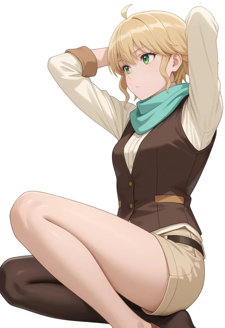 Smooth Quality,masterpiece,very intricate, high quality details, ultra realistic, high detailed skin,
simple background, white background,
from side,:/,\n/,lying down, hands behind head, one knee bent, relaxed expression, casual vibe, ,
<lora:Rembrandt_Yunocnn:0.8> rembrandtyuno/cnn, blonde hair, solo, green eyes,1girl,aqua scarf,
button-up vest, ,single leg pantyhose, ,