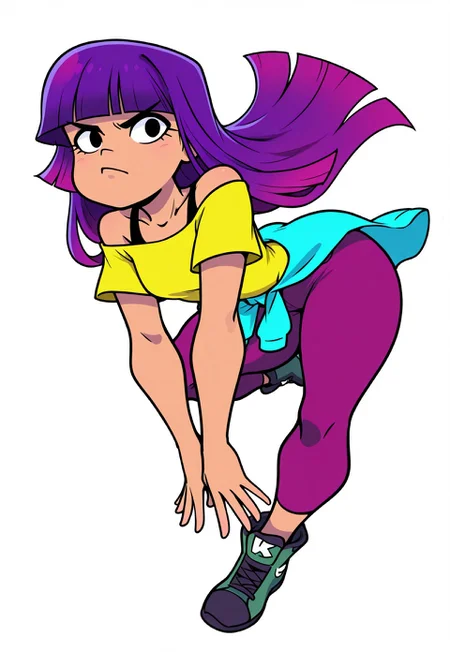 safe_pos, masterpiece, (((Miko_KUbota!))), purple hair, multicolored hair, gradient hair, blunt bangs, himecut, black eyes, long hair, yellow shirt, jacket around waist, pants, shoes, dynamic angle, dynamic pose, heroic pose, dark skin, purple pants, off shoulder shirt, (((short sleeves))),