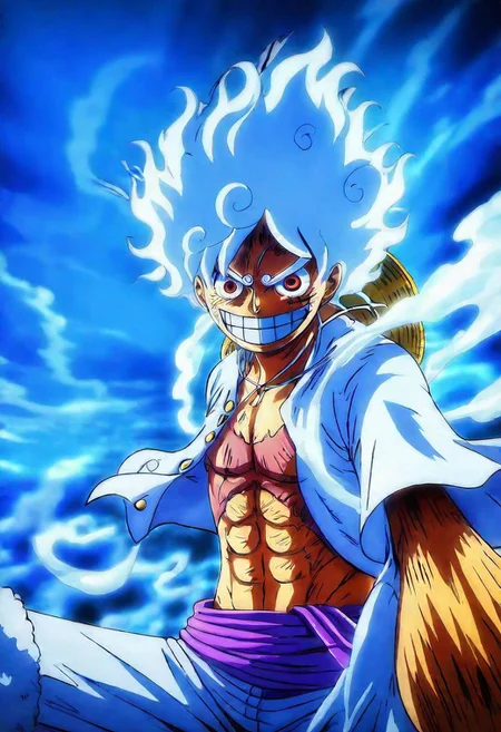 2D a 1Luffy gear 5 in Wano, (best quality, masterpiece, detailed, highly detailed face) ,(high definition face:1.0),(detailed eyes:1.0) 8k,(Smilex5), (solo), amazing perspective, profesional composition ,
