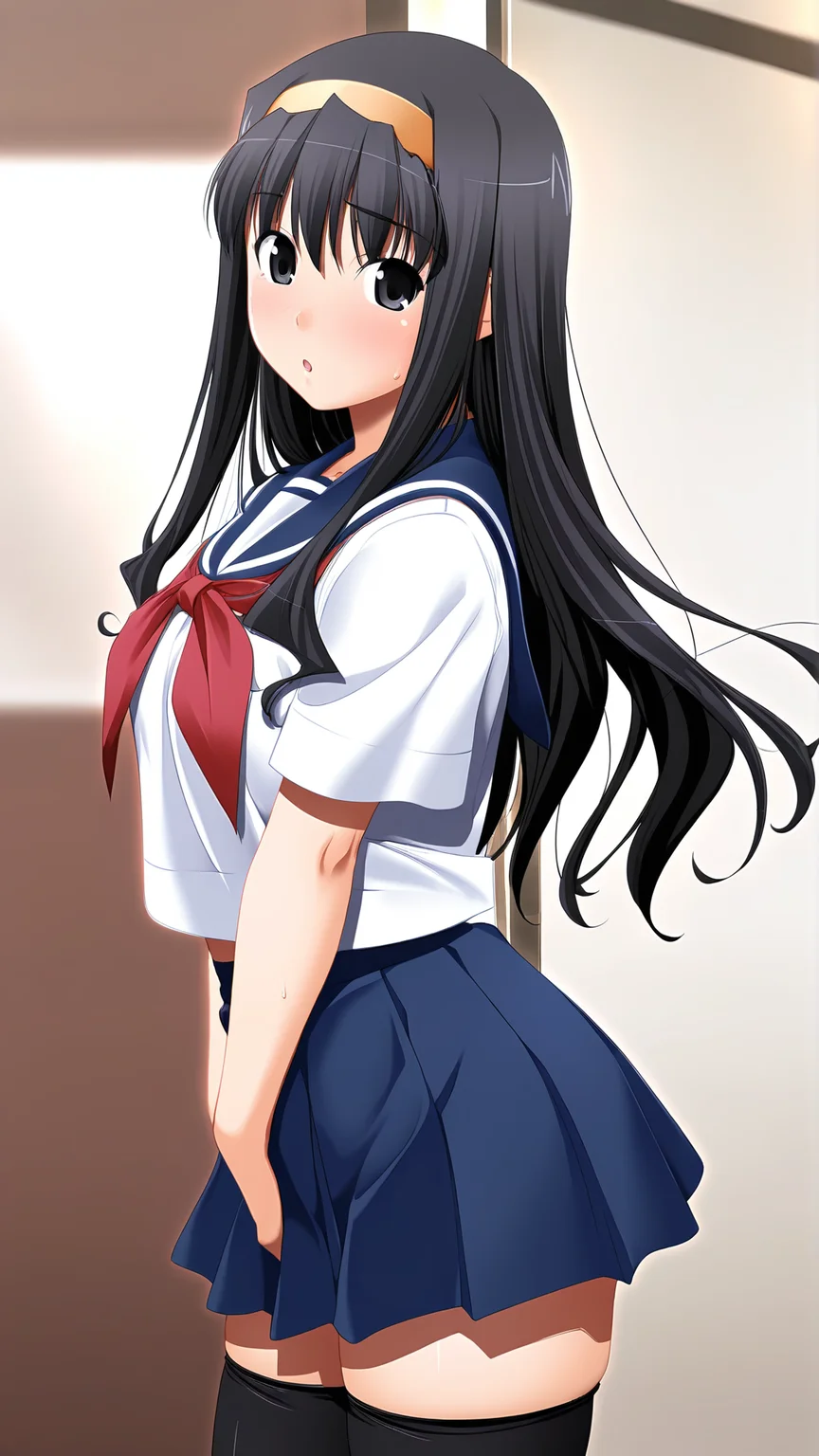amazing quality,absurdres,best quality,masterpiece,highres,newest,detailed,detailed body,detailed face,masterpiece,best quality,solo,
ç½ç ããã,1girl,solo,school uniform,thighhighs,black hair,zettai ryouiki,serafuku,long hair,hairband,skirt,black eyes,<lora:ç½ç ããã:0.8>,