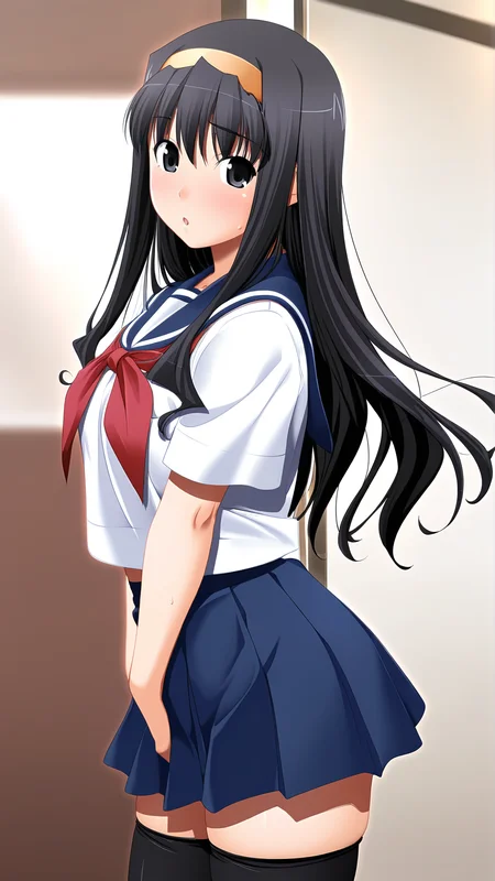 amazing quality,absurdres,best quality,masterpiece,highres,newest,detailed,detailed body,detailed face,masterpiece,best quality,solo,
ç½ç ããã,1girl,solo,school uniform,thighhighs,black hair,zettai ryouiki,serafuku,long hair,hairband,skirt,black eyes,<lora:ç½ç ããã:0.8>,