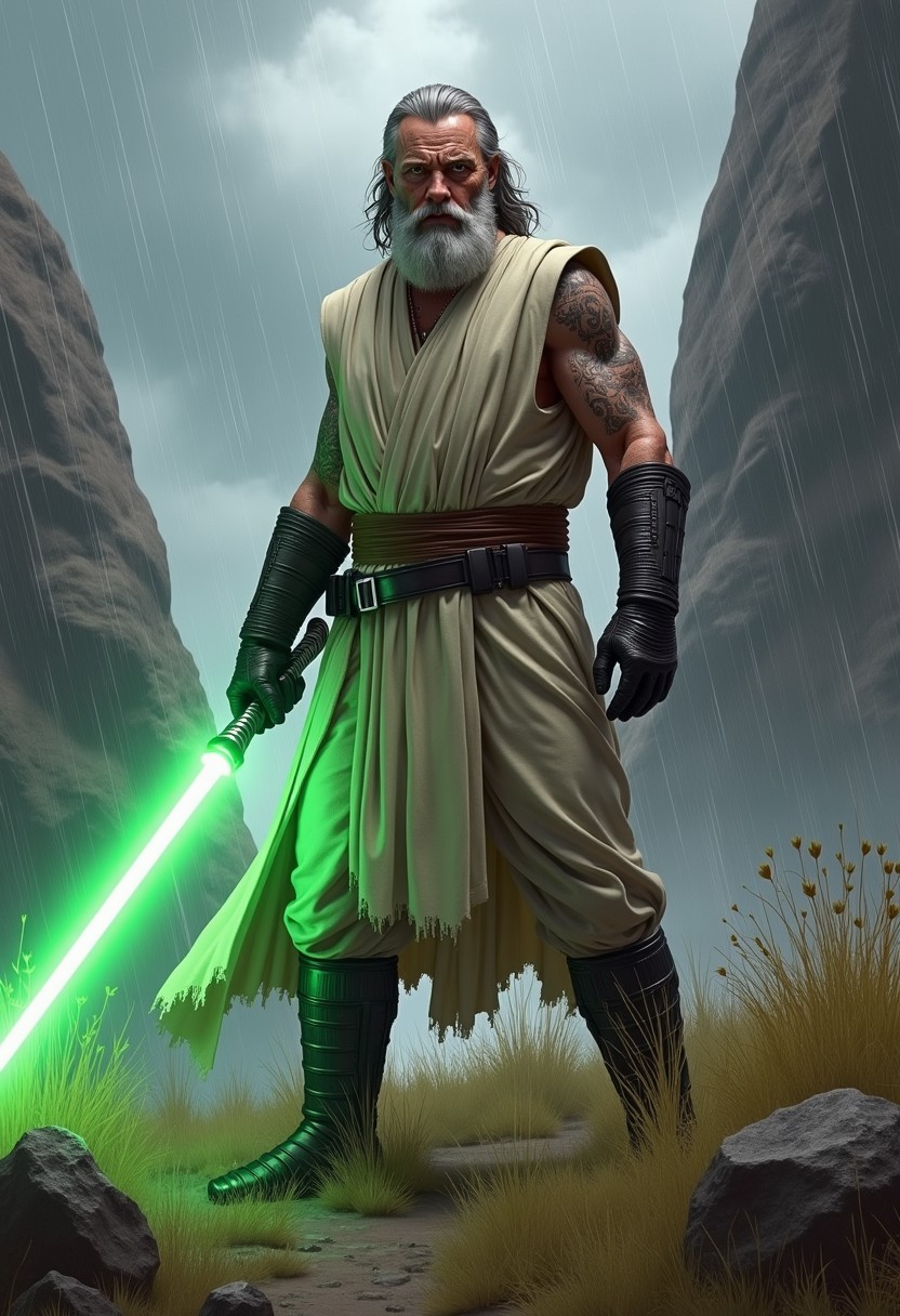 a centered shot high detailed digital art illustration of a jedi knight in a standing pose holding with two hands a green light-saber, wearing light grey ripped jedi tunic with no sleeves,  angry old man with beard and long hair and arms covered with tattoos, black gloves.
the background is a foreign planet with giant rocks,
high grass in the wind, rain, storm, rainy day with dark clouds