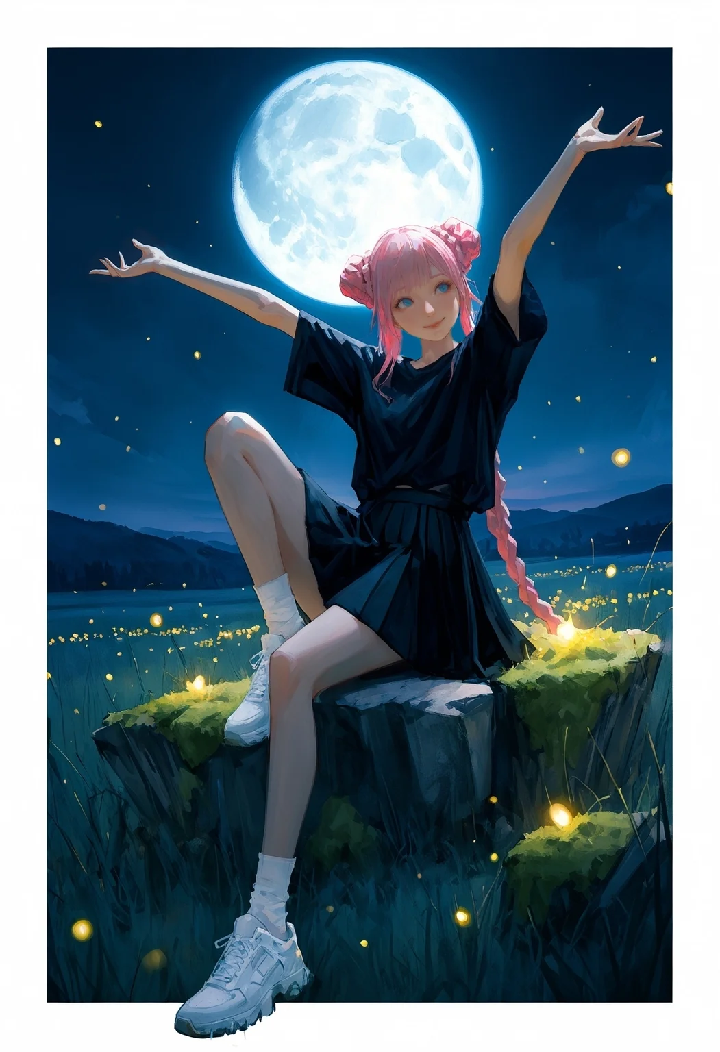 realistic textured painterly,
(by lch, fugtrup:1.15), cinematic, nose, lips,
( outside border, white border, border:1.15),
full body, 1girl, smile, black shirt, black skirt, pleated skirt, short sleeves, blue eyes, pink hair, braid, braided bun, double bun, closed mouth, very long hair, sneakers shoes, white shoes, white socks, facing to the side, outstretched arms, arms up, head tilt, (sitting on grey rock with moss:1.2), (outstretched leg:1.2), leaning back, knee up,
dark background, night, (meadow:1.1), glowing theme, fireflies, moon, moonlight outdoors,
very awa, best quality, highres, masterpiece,
<lora:nhl-002-nai:0.8>, nhl-002, <lora:nhl-001-20:0.6> , nhl-001,