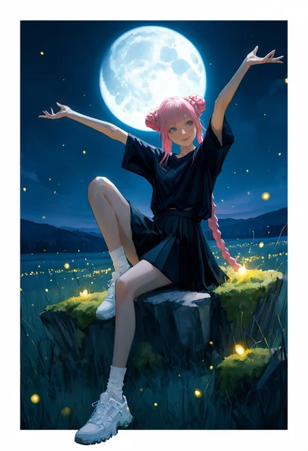 realistic textured painterly,
(by lch, fugtrup:1.15), cinematic, nose, lips,
( outside border, white border, border:1.15),
full body, 1girl, smile, black shirt, black skirt, pleated skirt, short sleeves, blue eyes, pink hair, braid, braided bun, double bun, closed mouth, very long hair, sneakers shoes, white shoes, white socks, facing to the side, outstretched arms, arms up, head tilt, (sitting on grey rock with moss:1.2), (outstretched leg:1.2), leaning back, knee up,
dark background, night, (meadow:1.1), glowing theme, fireflies, moon, moonlight outdoors,
very awa, best quality, highres, masterpiece,
<lora:nhl-002-nai:0.8>, nhl-002, <lora:nhl-001-20:0.6> , nhl-001,