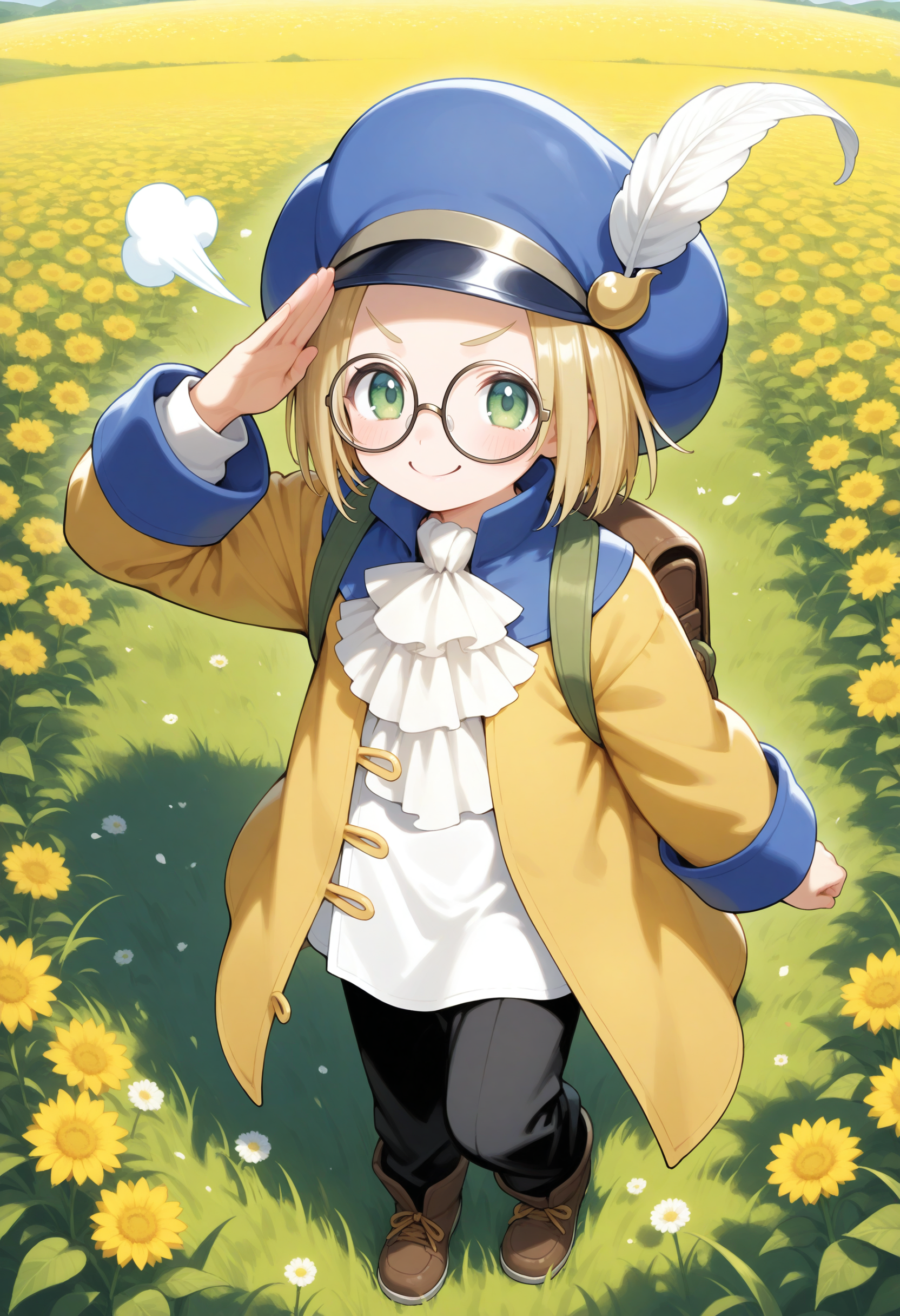masterpiece,extreme detailed,outdoors,field,full body BREAK hoimin2,1boy,glasses,blonde hair,short hair,hat,round eyewear,white ascot,blue headwear,long sleeves,green eyes,yellow jacket,black pants,<lora:hoimin_(dq)-NAI:1>,smile,salute,doyagao,puff of air,