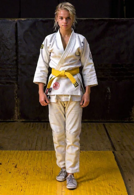 (((jp-j3d-2250))), Oil Painting. ((detailed)), Full (Side) shot of (short, stocky girl). (pretty girl), standing and getting ready to grapple, alone on floor in small private dojo with olive judo mats, weapons hung on the wall, exhausted smile, twinkling eyes, fair skin, ((extremely sweaty skin)), Very short wavy vanilla-blonde side-swept bob-cut hair with undercut and pigtails. dimples. clavicles. upturned small chest. torpedo breasts, Navel. Disheveled. High-quality ((half-open white judo top)). wearing long white Judo pants. ((yellow judo belt)), Hand squeezing one breast. ((One breast exposed)). small dark nipples. (((sneakers))), Dimly lit from one side. Very Dark background. Backlight glow. Candid. Facing to one side. 80mm f/6, 1/100s, ISO 25, golden hour light,