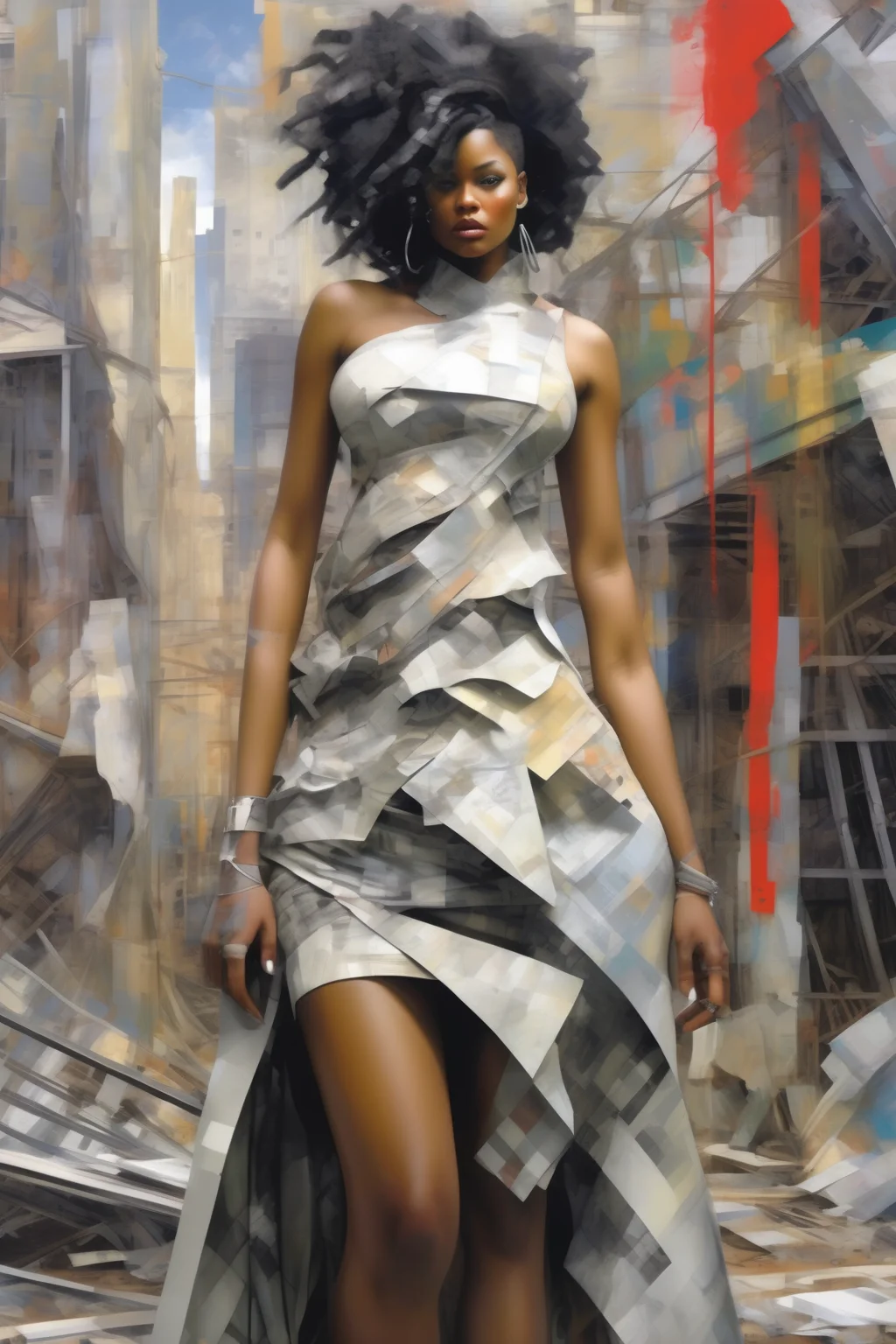 <lora:Ben Aronson Style:1>Ben Aronson Style - Embracing avant-garde and deconstructed fashion, a curvaceous ebony woman captivates in a unique Maison Margiela ensemble, featuring mismatched textures and unconventional cuts, posing against the backdrop of an urban art installation painted in the style of Richard Schmid