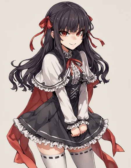 1girl, solo, female,
capelet, dress, frilled dress, frills, gothic, hair ribbon, puffy long sleeves, red ribbon, thighhighs, smile, looking at viewer, smirk
BREAK
score_9, score_8_up, score_7_up, score_6_up, source_anime, rating_safe <lora:asanagi_style_v4:0.9>