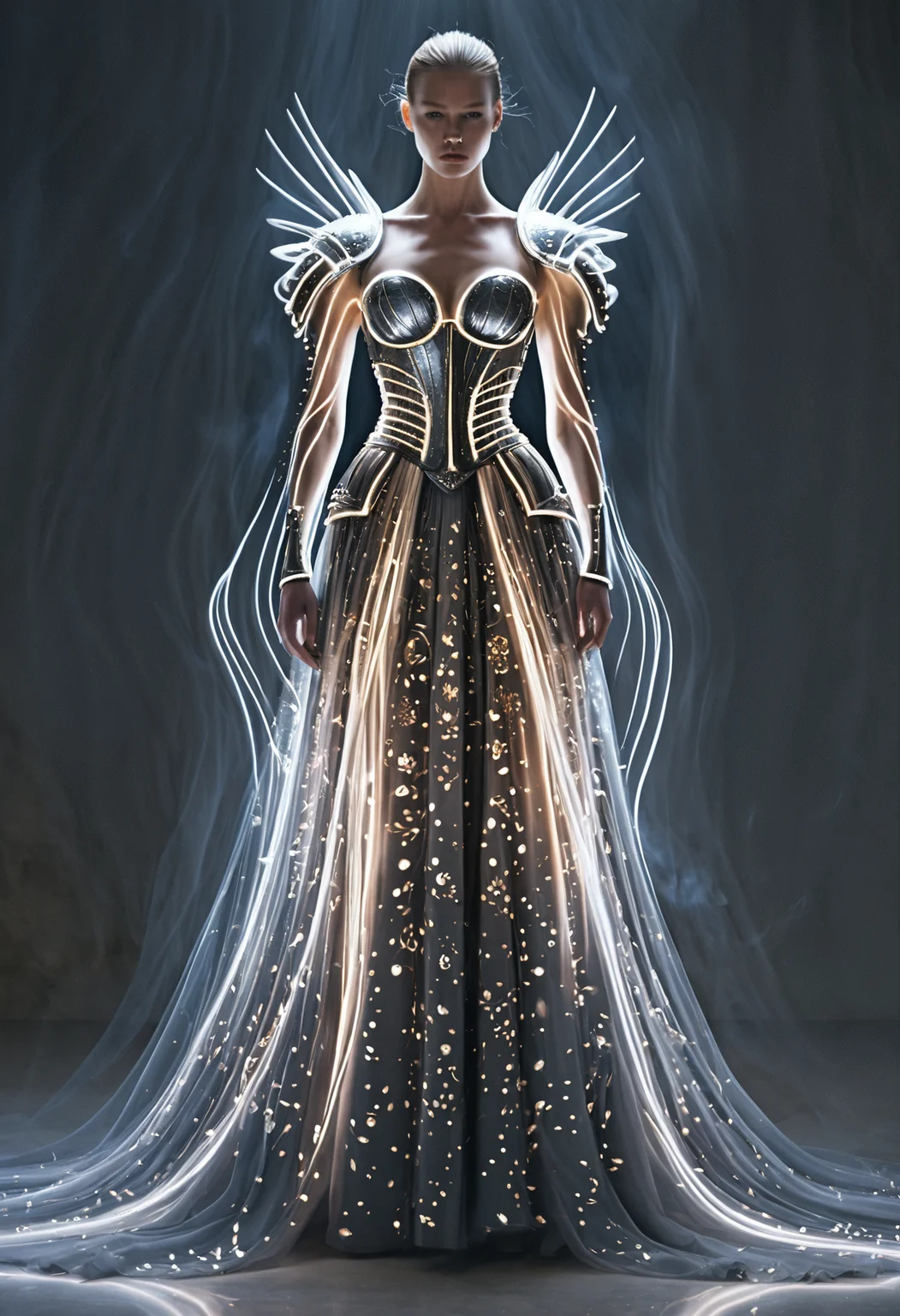 Long exposure photo of <lora:Alexander McQueen-concept art-000005:1>, alexander mcqueen, concept art, armor dress . Blurred motion, streaks of light, surreal, dreamy, ghosting effect, highly detailed