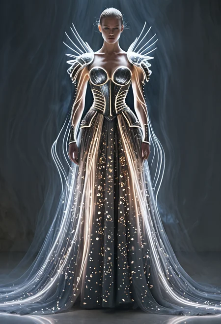 Long exposure photo of <lora:Alexander McQueen-concept art-000005:1>, alexander mcqueen, concept art, armor dress . Blurred motion, streaks of light, surreal, dreamy, ghosting effect, highly detailed