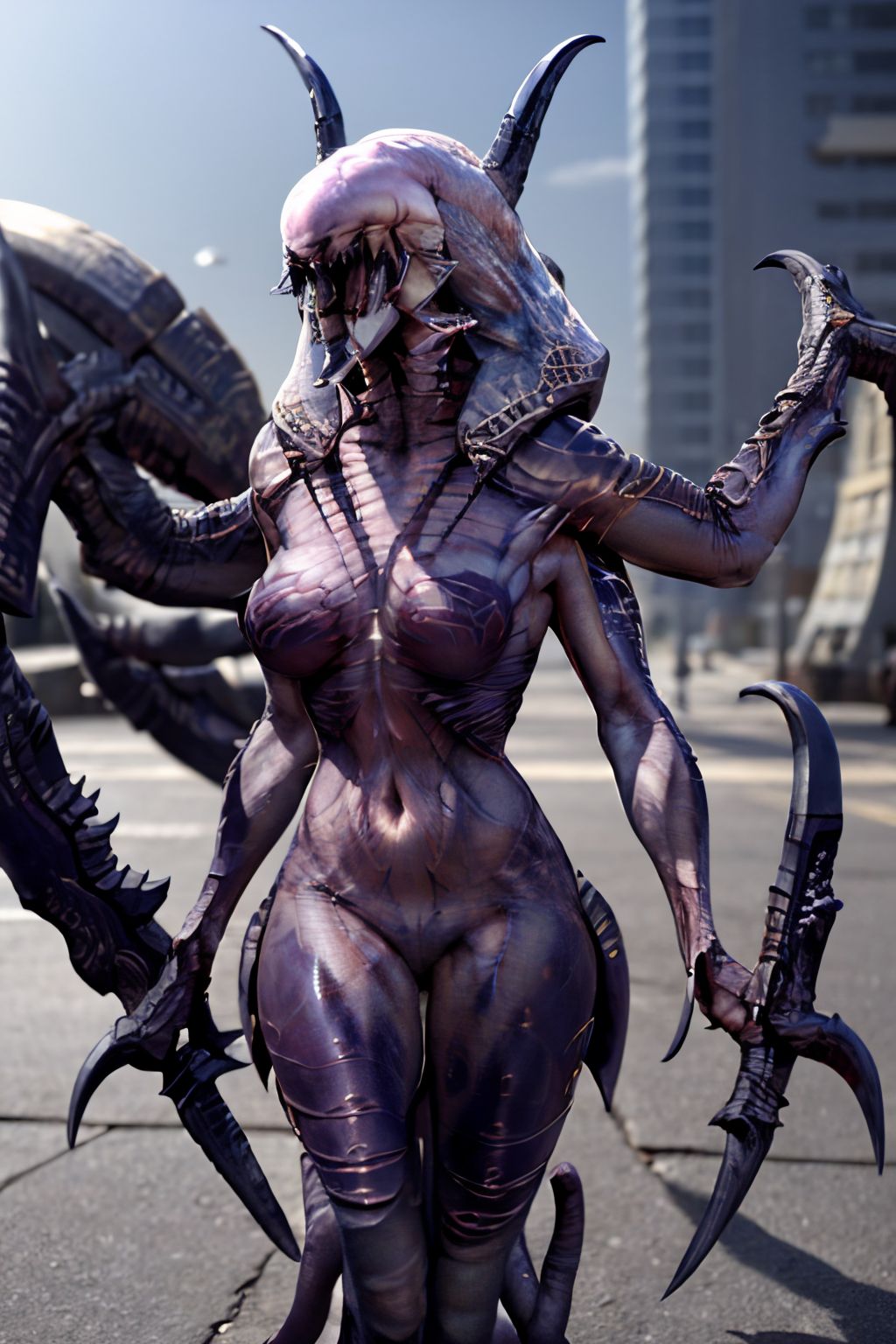 EdobWraithMonsterEvolve, sharp teeth, claws, tentacles, monster, scythe, alien, demon, horror (theme), blade, big breasts, city street background (realistic:1.5), <lora:EdobWraithMonsterEvolve_v1.0:1>