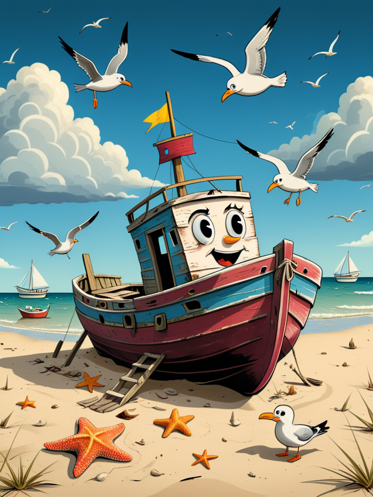 (old cartoon illustration) of 
an old abandoned boat on the beach and surrounded by seagulls and starfish, storm and clouds
<lora:A_RubberHose_Character_v2_SDXL:1.2> rubber_hose_character,
 <lora:xl_more_art-full_v1:0.5>