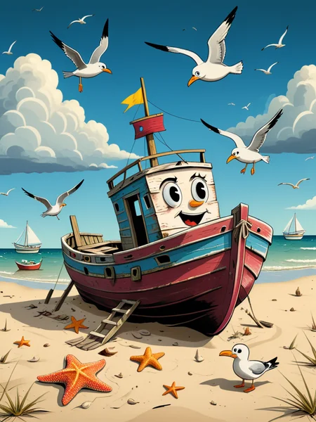 (old cartoon illustration) of
an old abandoned boat on the beach and surrounded by seagulls and starfish, storm and clouds
<lora:A_RubberHose_Character_v2_SDXL:1.2> rubber_hose_character,
<lora:xl_more_art-full_v1:0.5>