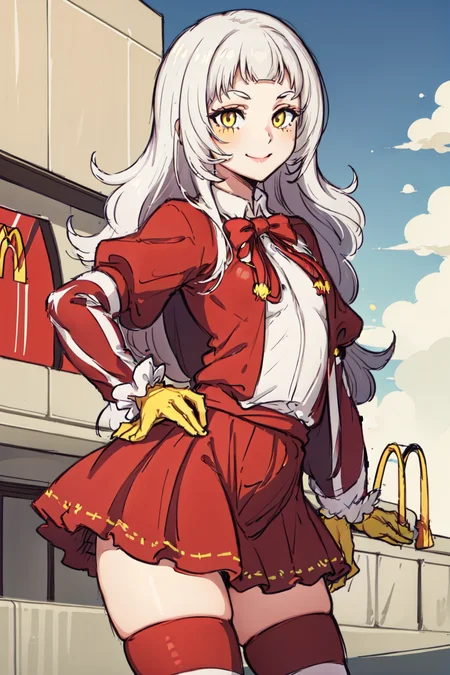 best quality, intricate details,
1girl, <lora:ShionV2D8_e6:0.8> small breasts, cowboy shot,outdoors, smile, white hair, yellow eyes,
<lora:McDonaldChan_characeter-20:0.6> RonaldChan, (yellow gloves, striped thighhighs, striped sleeves), makeup, mcdonald's,