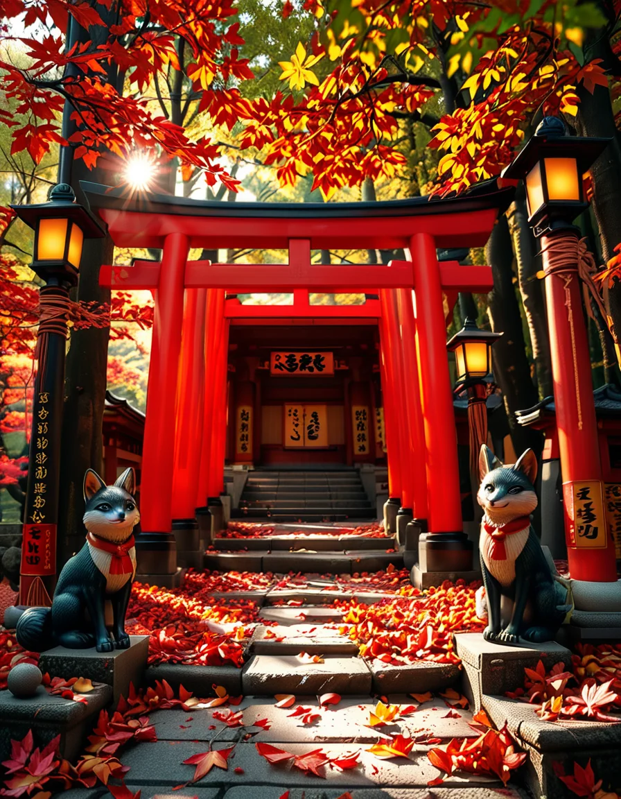 A breathtaking Inari shrine hidden within a serene Japanese forest during autumn. The scene is illuminated by the soft glow of traditional stone lanterns, casting warm golden light on the vibrant red torii gates that form a mesmerizing tunnel leading up the shrineâs stone steps. The ground is covered with delicate fallen maple leaves in shades of crimson, orange, and yellow. Kitsune (fox) statues with intricate details guard the entrance, wearing red bibs symbolizing their sacred role. The shrineâs wooden structure is adorned with ancient calligraphy and shimenawa ropes, exuding a mystical and spiritual atmosphere. Sunlight filters through the dense foliage, creating a tranquil interplay of light and shadow. The air feels crisp and filled with a sense of reverence and peace. The image is captured in a hyper-detailed, photorealistic style, with high dynamic range lighting enhancing the depth and richness of the colors.
<lora:SDXLFaeTastic2400:0.4> <lora:extremely_detailed:0.4> extremely detailed, <lora:Inari_shr1n3:1>,Inari shr1n3, Masterpiece,best quality,hi res,8k,hi res,8k,award winning,(sharp focus, intricate, highly detailed),