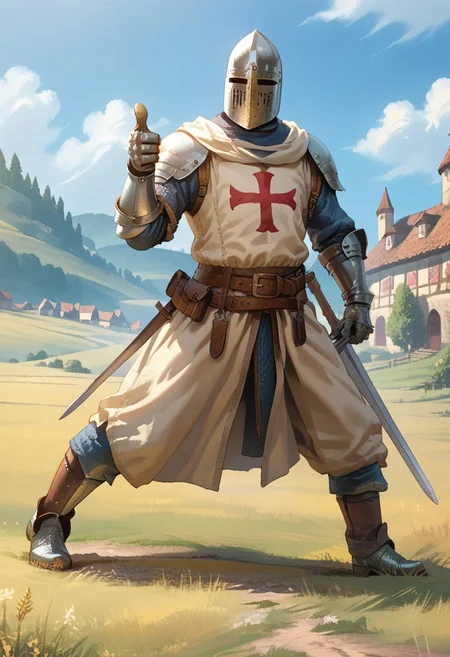 score_9, score_8_up, score_7_up, 1boy, man, solo, templar, knight, armor, (thumbs up), crusader helmet, belt, metal gloves, long legs, jack-o'_challenge, metal shoes, outdoor, medieval village, field, big sword pointing up, dynamic angle, day, (natural lighting:0.7)