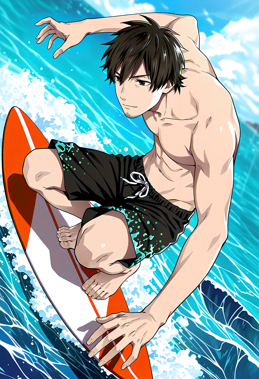 <lora:Kagami_Kazumi_Liar_Uncover_the_Truth:1> masterpiece, best quality, newest, absurdres, anime screencap, intricate details, good quality, very awa, highres, perfect proportions, perfect eyes, amazing quality, very aesthetic, 1boy, KKzm1, brown_KKzm1_hair, black_KKzm1_eyes, anime coloring, mature male, male focus, solo, (goatee stubble:0.75),  sea, sky, cloud, surfing, (mid air, jumping), waves, sea foam, topless male, swim trunks, hand on surfboard, squatting, shadow, dutch angle,  dynamic action, intricate lighting, intricately detailed illustration, depth of field,