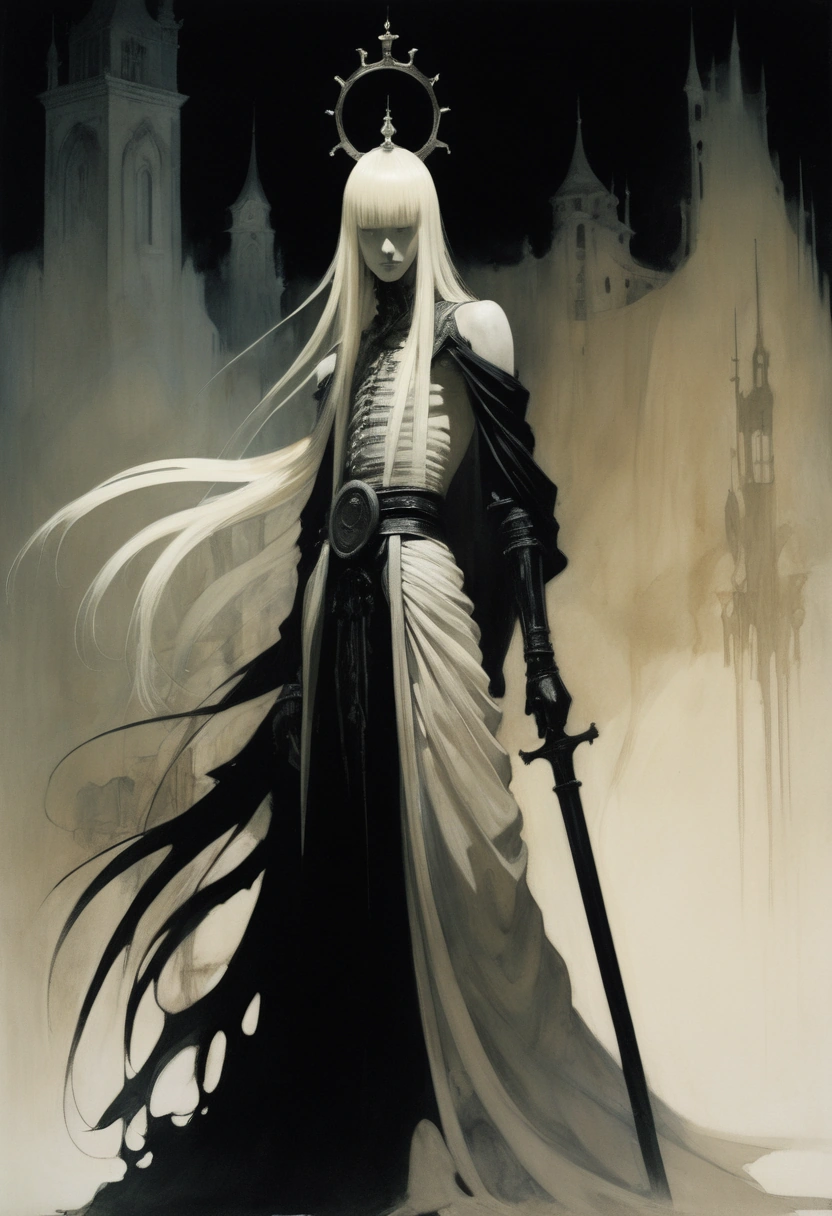 dramatic chiaroscuro scene by Ashley Wood and Kay Nielsen