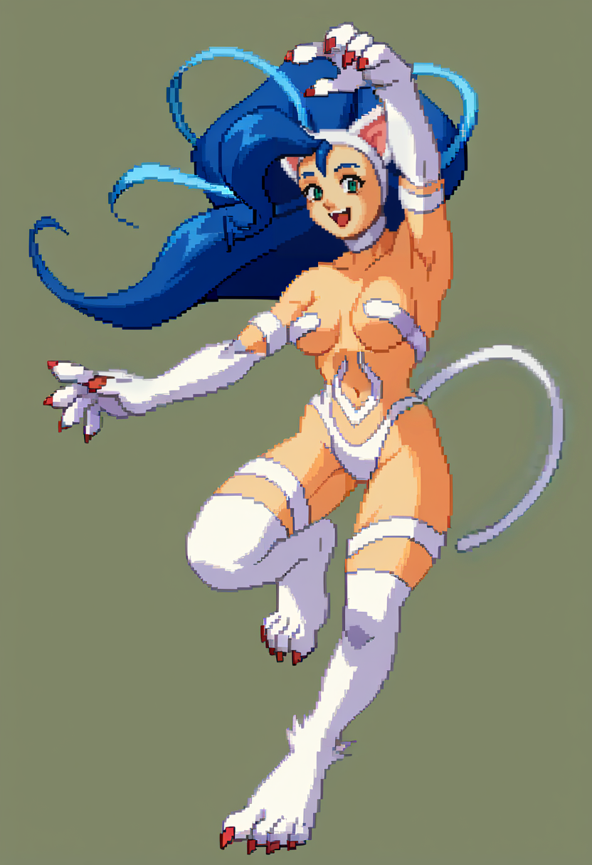 score_9, score_8_up, score_7_up, source_anime, BREAK, solo, 1girl, smile, looking at viewer, <lora:Guilty-Gear-SpritesV2-pdxl_Fp:1>, simple background, full body, pixel art, standing, felicia \(vampire\), arm up, open mouth, standing on one leg,