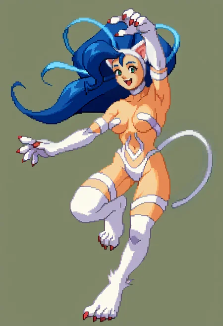 score_9, score_8_up, score_7_up, source_anime, BREAK, solo, 1girl, smile, looking at viewer, <lora:Guilty-Gear-SpritesV2-pdxl_Fp:1>, simple background, full body, pixel art, standing, felicia \(vampire\), arm up, open mouth, standing on one leg,