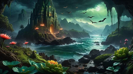 Hyperrealistic art A dark and atmospheric scene inspired by H.P. Lovecraft's "The Call of Cthulhu." In the foreground, the ancient, crumbling city of R'lyeh rises from the depths of the ocean, with its non-Euclidean architecture and impossible angles, covered in seaweed and strange, glowing algae. Towering above the city, the monstrous figure of Cthulhu emerges from the water, his grotesque, squid-like head with writhing tentacles, and massive bat-like wings casting a shadow over the landscape. His eyes glow with a malevolent, otherworldly intelligence. The sky is dark and stormy, with lightning illuminating the chaotic, nightmarish scene. Jagged rocks and towering waves crash around the city, adding to the sense of impending doom. The background features a turbulent ocean and a chaotic, swirling sky filled with dark clouds and flashes of lightning. The atmosphere is filled with a sense of cosmic dread and horror, capturing the terrifying and unfathomable nature of Lovecraft's universe. The overall style is highly detailed and realistic, emphasizing the ancient, alien nature of R'lyeh and the monstrous presence of Cthulhu.
<lora:Enhanced_XL_V1:0.8> enhanced, Hyperrealistic art Hyperrealistic art A stargate bustling futuristic cityscape, floating in post-nuclear war destroyed world with nuclear fallout, creating a juxtaposition between advanced technology and human greed, complete with hyperrealistic detail, cinematic lighting and vibrant colors <lora:world_glass:1>, dynamic, cinematic, masterpiece, intricate, hdr, . Extremely high-resolution detail, photographic, realism taken to the extreme, fine texture, incredibly lifelike . Extremely high-resolution details, photographic, realism pushed to extreme, fine texture, incredibly lifelike, RAW Proffesional Photography of a landscape, Long shot, __Kamera__, (comet:0.1), (flowers:0.1), (water lilies:0.1), (insects:0.1), (animals:0.1), (birds:0.1), (waterfall:0.1), (Fish in water:0.1),(Tundra:0.1), (Desert:0.1), (Rainforest:0.1), (Mountains:0.1), ( Frontal fog:0.1), (Waves:0.1), (Stars:0.1), Sunny, psychedelic, entropy, shallow depth of field detailed background, dark noir style, HDR, RAW, ray tracing reflections, sharp focus, ultra realistic, 12k <lora:add-detail-xl:1>, cinematic photo, a extreme deep underwater world in which occasionally (full body view of a Orca:2.0), coral reefs, algae, underwater plants, colorful fish, The scene features clear water with (random time of day, random weather:1.3), love and entropy are depicted throughout the scene, with mini insects and microcosms complementing the detailed background, HDR, RAW, ray-traced reflections, sharp focus and ultra-realistic detail, 35mm photograph, film, bokeh, professional, 4k, highly detailed
<lora:SDXLHighDetail_v5:1> <lora:more_details:1>, nsfw, Raw poster, concept art, landscape, psychedelic, Raw poster, concept art, landscape, psychedelic, depicting a two-part scenario of the same scene: in the upper half, a dark magic ocean lonely islands with palms, coconut trees, waterfalls, flowers, insects, birds, where dolphins play in the waves and the occasional shark fin breaks the surface; transitioning seamlessly into the lower half, a microcosm of an very deep and very dark underwater world with (colorful fish, mystical lights, coral reefs, seaweed, underwater plants:1.3), and occasional (orcas:0.9) and sharks gliding through the depths., foggy, random weather, random daytime, (love:1.3), (spring saeson in the ball:1.3), entropy, (mini insect:0.1), shallow depth of field detailed background, sunshaft, surreal, dark noir style, HDR, RAW, ray tracing reflections, sharp focus, ultra realistic, 12k
<lora:dreamcolor:0.3> <lora:EDG_-_Test_Lora:0.3> <lora:more_details:0.3>, Raw poster, concept art, landscape, psychedelic, Cloudy,Twilight, Crescent moonlight,beautiful waterfall in the middle of a forest, swiss landscapes, (love:1.1), Ice fog, entropy, (mini insect:0.1), (shallow depth of field detailed background:1.2), dark noir style, HDR, ray tracing reflections, sharp focus, ultra realistic, 12k <lora:add-detail-xl:1><lora:LowRA:1> <lora:more_details:1> ,m0nst3rfy3 <lora:m0nst3rfy3(0.5-1)M:1>, <lora:SDXLHighDetail_v5:1> . Extremely high-resolution details, photographic, realism pushed to extreme, fine texture, incredibly lifelike