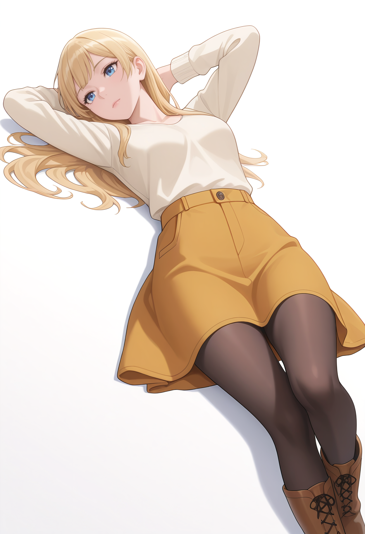 Smooth Quality,masterpiece,beautiful aesthetic, very intricate, high quality details, ultra realistic, high detailed skin,
simple background, white background,
dutch angle,:i,curled fingers,lying, hands behind head, knee bent, relaxed, casual,  ,
<lora:Rembrandt_Sifcnn:0.7> RembrandtSif/cnn, 1girl, solo, long hair, blonde hair, blue eyes,
pantyhose, skirt, black pantyhose,boots,