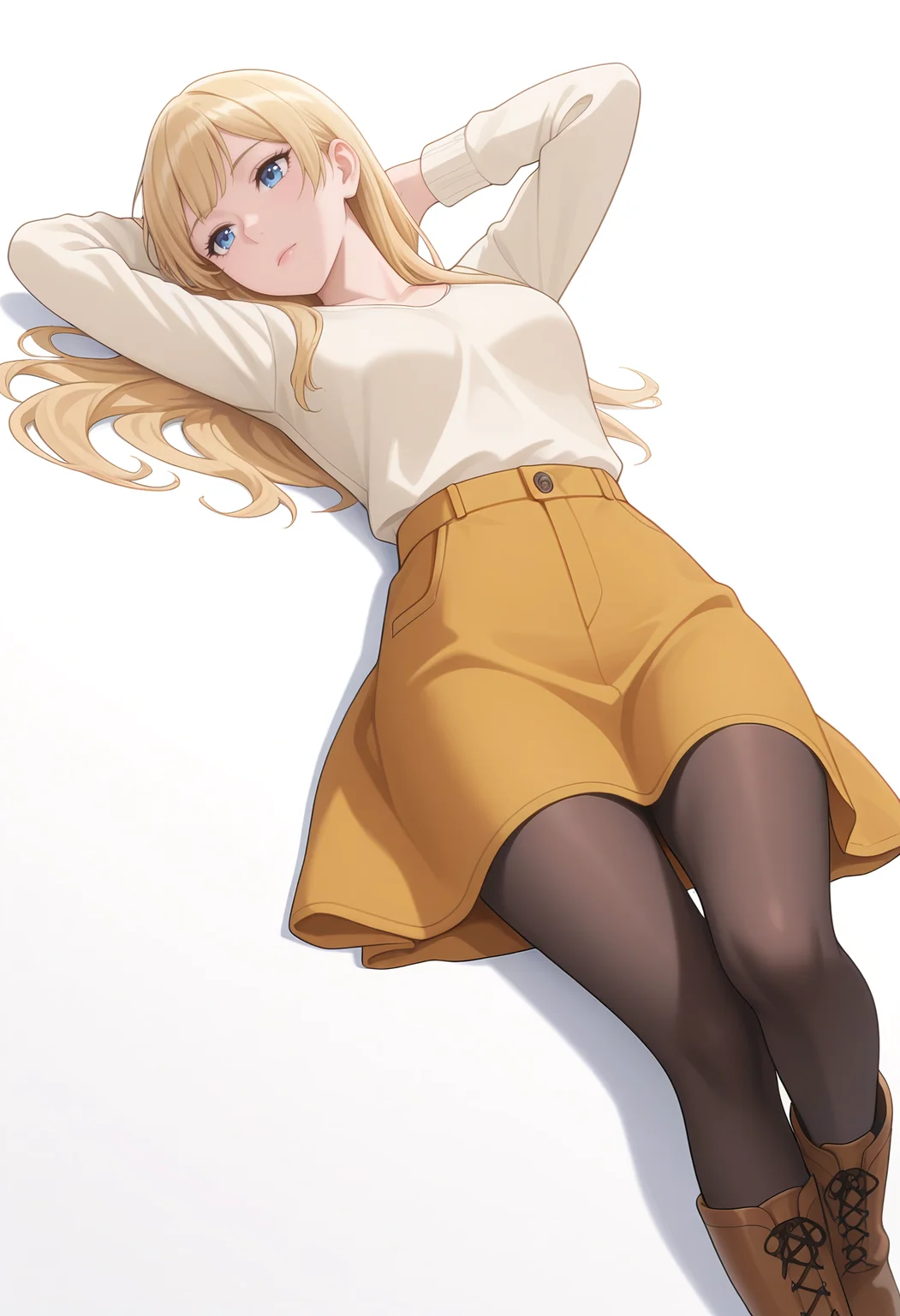 Smooth Quality,masterpiece,beautiful aesthetic, very intricate, high quality details, ultra realistic, high detailed skin,
simple background, white background,
dutch angle,:i,curled fingers,lying, hands behind head, knee bent, relaxed, casual, ,
<lora:Rembrandt_Sifcnn:0.7> RembrandtSif/cnn, 1girl, solo, long hair, blonde hair, blue eyes,
pantyhose, skirt, black pantyhose,boots,