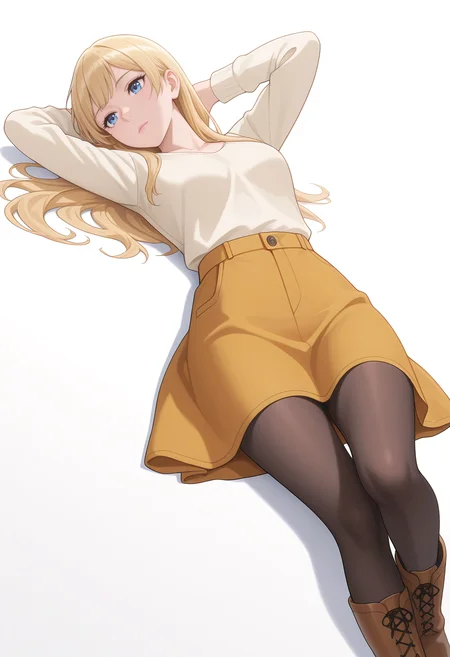 Smooth Quality,masterpiece,beautiful aesthetic, very intricate, high quality details, ultra realistic, high detailed skin,
simple background, white background,
dutch angle,:i,curled fingers,lying, hands behind head, knee bent, relaxed, casual,  ,
<lora:Rembrandt_Sifcnn:0.7> RembrandtSif/cnn, 1girl, solo, long hair, blonde hair, blue eyes,
pantyhose, skirt, black pantyhose,boots,