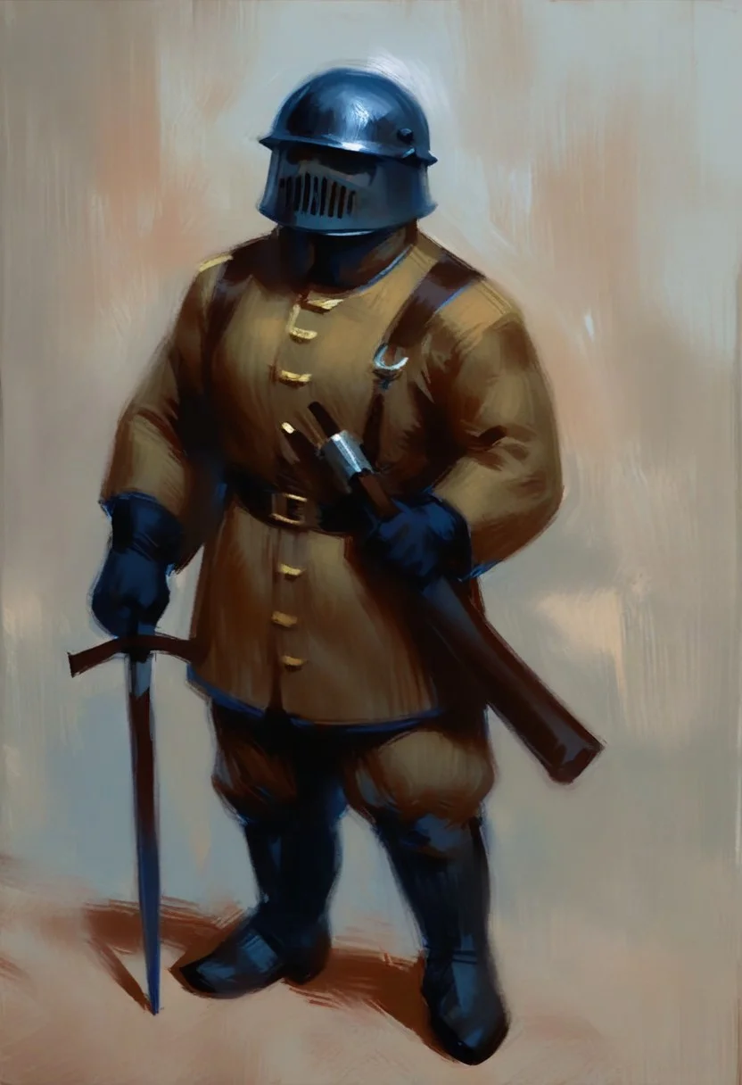 absurdres, hires, score_9, score_8_up, score_7_up, painterly, faux traditional media, (full body, from the front), European male, tall muscular, slightly chubby, standing proud,sixteenth century, soldier with ornate torso plate, helmet, holding a long musket , (late medieval European city background)