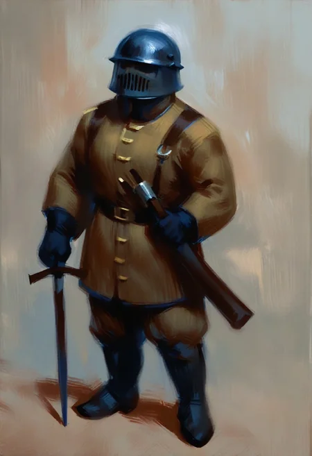 absurdres, hires, score_9, score_8_up, score_7_up, painterly, faux traditional media, (full body, from the front), European male, tall muscular, slightly chubby, standing proud,sixteenth century, soldier with ornate torso plate, helmet, holding a long musket , (late medieval European city background)