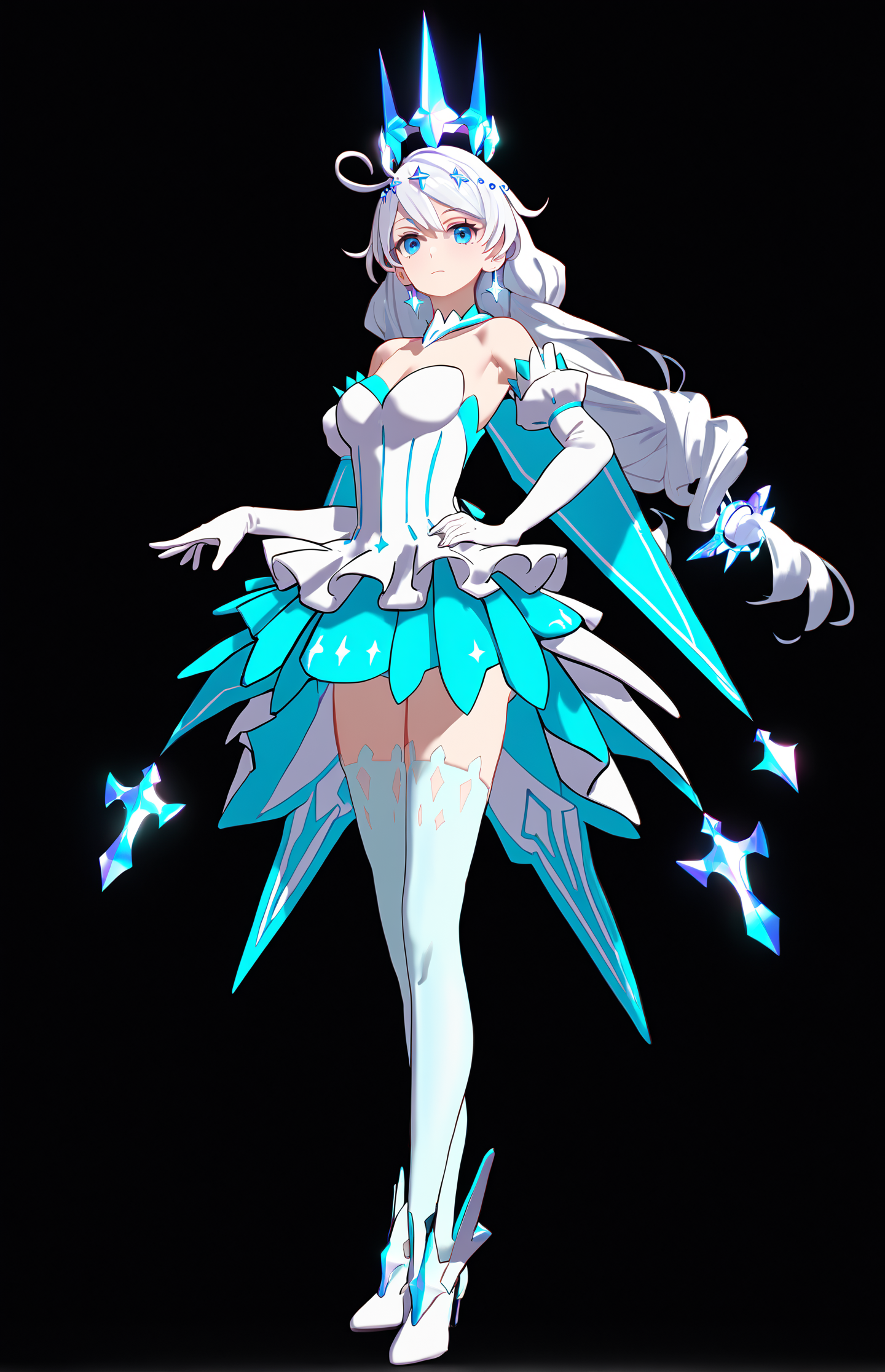 score_9, score_8_up, score_7_up, score_6_up, 8k, best quality, masterpiece, (ultra-detailed:1.1), (high detailed skin), 
(full body), (black background:1.1), standing, looking at viewer, (solo), hand on hip, 
<lora:kiana-young-pony-Tanger-000010:0.8>, kiana kaslana, dongzhi, 5th clothes, 1girl, blue eyes, gloves, white thighhighs, dress, long hair, elbow gloves, white hair, crystal crown, bare shoulders, bangs
(beautiful_face), ((intricate_detail)), clear face, 
((finely_detailed)), fine_fabric_emphasis, 
((glossy)), full_shot,