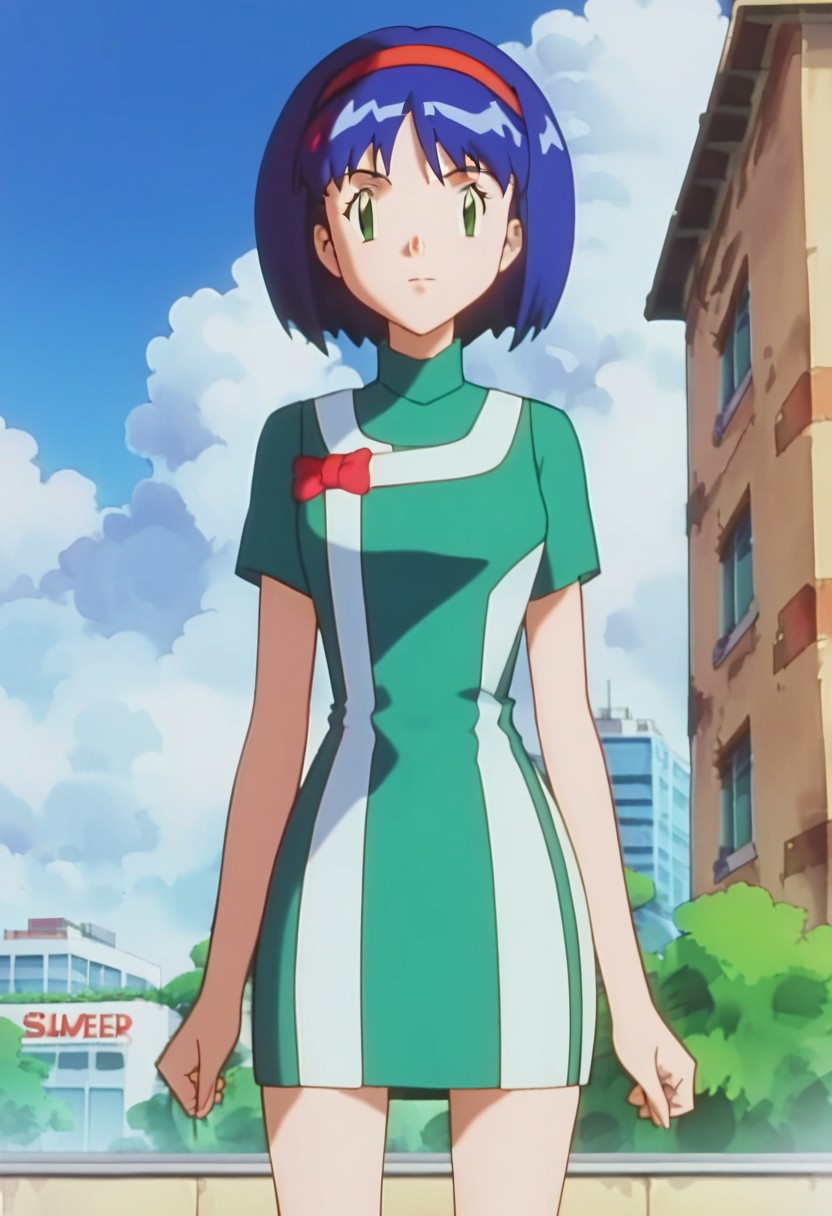 score_9,score_8_up,score_7_up,score_6_up, easynegative, negative_hand, anime, screencap, source_anime, 
1girl, solo, standing, smmile, looking at viewer, outdoors, city, streets, day, sky, clouds, trees, cowboy shot, front view
pkmnerika, 1girl, blue hair, hairband, short hair, green eyes, green dress, red dress bow