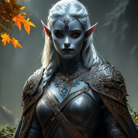 RAW photo, (masterpiece:1.3), subsurface scattering, heavy shadow, (high quality:1.4), (intricate, high detail:1.2), professional photography, HDR, High Dynamic Range, realistic, ultra realistic, photorealistic, high resolution, film photography, ambient lighting, atmospheric effects, <lora:detail_slider_v4:2>, OverallDetail, a female drow ranger, dark makeup, intricate leather armor with leaf patterns, jewelry, cape, tiara, <lora:Drow:0.8>, epiCPhoto
