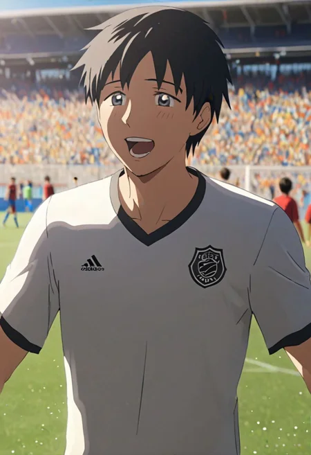 Highres, Masterpiece, High Quality, 4K, 8K, solo, 1Boy, Takaki Toono, adult, black hair, short hair, Soccer Boy, soccer player, field, happy, tired, celebration, sunny day, easynegative, detailed_eye_model
