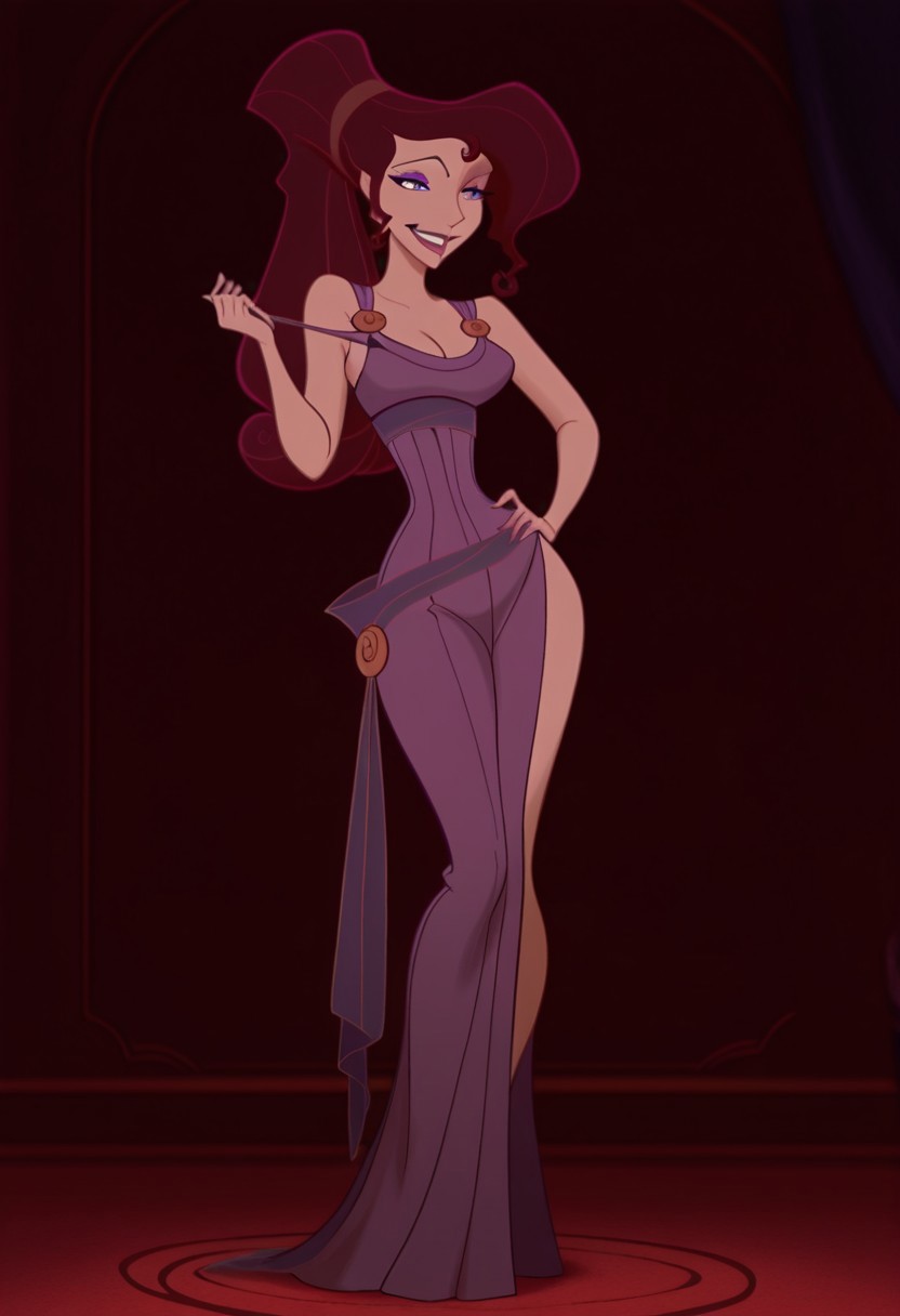 1girl, masterpiece, best quality, amazing quality, absurdres, <lora:Megara__Illustrious:1> m3g4r4, megara (hercules disney), long hair, tied hair, brown hair, purple eyes, purple Greek dress, cleavage, sexy makeup, lipstick, smiling, full body,