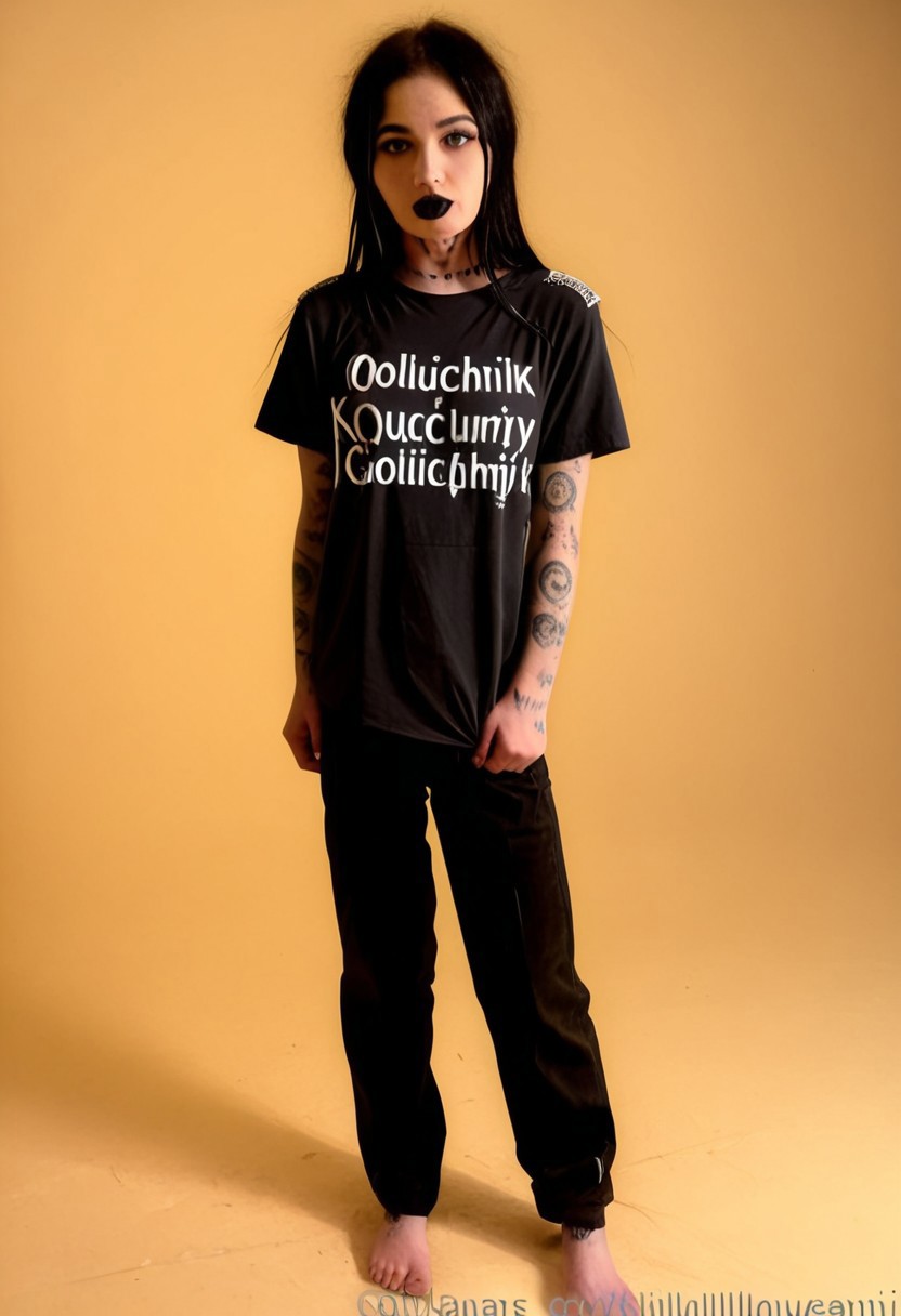 golfi, 1girl, black hair, realistic, goth, pale skin, full body, skinny, thin body, high detail, 4k, golfi eyes, natural blue-grey eyes, black t-shirt, black pants, bedroom background, bare feet, standing, sexy posture