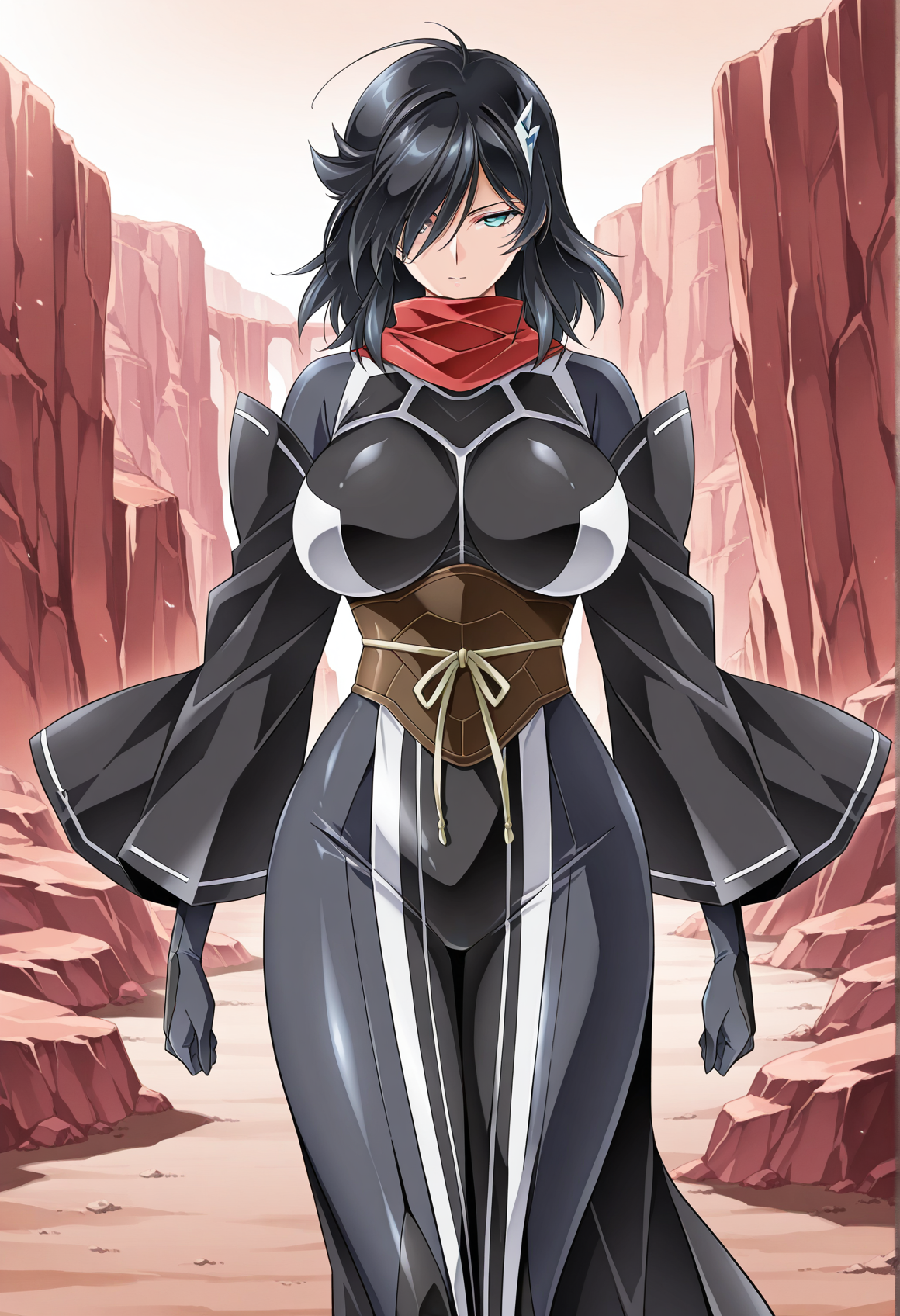 <lora:Amatsu_no_Yomi_ill_v1.0-000009:0.9>,anyomi,aqua eyes,black hair,medium hair,large breasts,hair over one eye,
hair ornament,red scarf,japanese clothes,detached sleeves,wide sleeves,bodysuit,side slit,impossible bodysuit,gloves,
1girl,solo,(tsunashima shirou:0.9),
standing,facing viewer,
canyon,, textless version,