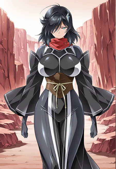 <lora:Amatsu_no_Yomi_ill_v1.0-000009:0.9>,anyomi,aqua eyes,black hair,medium hair,large breasts,hair over one eye,
hair ornament,red scarf,japanese clothes,detached sleeves,wide sleeves,bodysuit,side slit,impossible bodysuit,gloves,
1girl,solo,(tsunashima shirou:0.9),
standing,facing viewer,
canyon,, textless version,