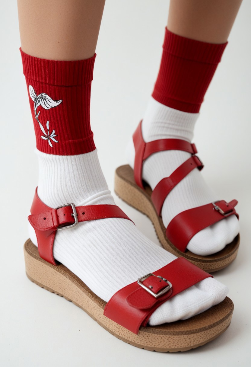 ((scksnsndls)), 1girl, solo, simple_background, white_background, red_socks, close-up, sandals, lower_body, footwear_focus