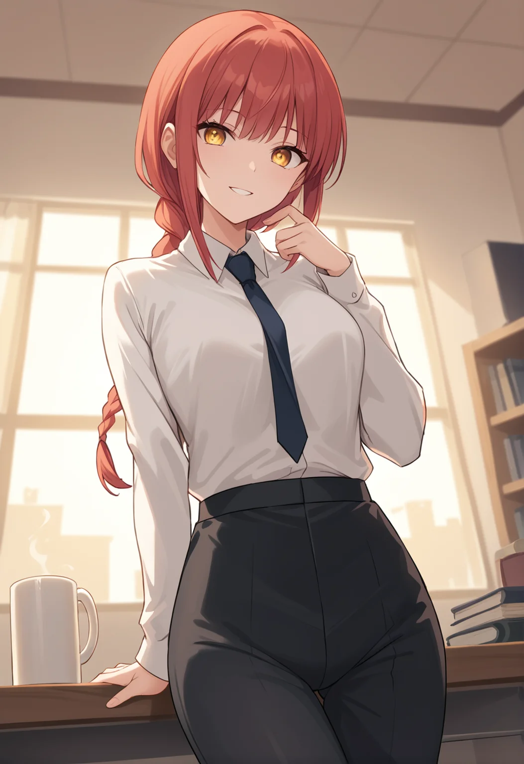 score_9, score_8_up, score_7_up, source_anime, masterpiece, best quality, highly detailed background, cinematic lighting, detailed eyes, detailed pupils, perfect face, 
makima, unique outfit, ringed eyes, cute, soft smile, dutch tilt, standing, leaning on desk, leaning back, low angle,
office, warm lighting, sunset, desk, mug,
 <lora:Makima_Pony:0.8>