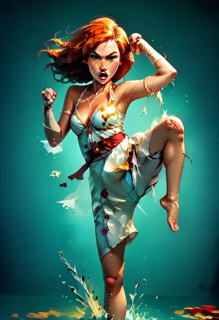 score_9, score_8_up, score_7_up, score_6_up, score_5_up, score_4_up,
BREAK
picture-perfect, best quality, detailed shading, depth_of_field, cinematic lighting, (cowboy view),
BREAK
1girl, kim_pos_V2, kim_pos_V2_face, kim_pos_V2_body, long red hair, 18 years old, (stunning green eyes), (skin detail, freckles, moles on skin:1.4),
BREAK
1boy, ninja, ninja outfit, shadowed, fighting stance, sword, dodge girl
BREAK
1girl, kim_pos_V2, kim_pos_V2_face, kim_pos_V2_body, (leaping flying karate kick ninja, (((feet off ground)))), ((teep fighting stance,martial arts, incoming attack, ((mid air, dynamic, motion blur, blood splashes)))), jusiki, doing a high jump sidekick, doing a jump sidekick, (((jumping at viewer))), perfect makeup, ((random hairstyle, cotton sundress with floral print)),
BREAK
(:1.2),
BREAK
(:1.2)
BREAK
full view shot, (stable, haybales, golden sunlight, detailed multi-layered background),