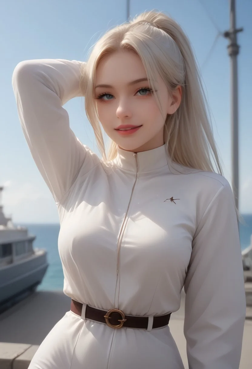 1girl,<lora:ashe_pony:1>,ashe(megamanzxa) solo, long hair, green eyes, gloves, bodysuit, ponytail, blue hair,silver hair, high ponytail, gloves,headband,long sleeves,jacket,belt,teasing_smile, huge breasts, narrow waist, huge hips,dynamic poses ,stretching, close up, on top of a flying ship, detailed blue sky, masterpiece, high quality, score_9,score_8_up,score_7_up,score_6_up,score_5_up,score_4_up,<lora:Ashe_MegaMan_ZXA_V-06:0.9>