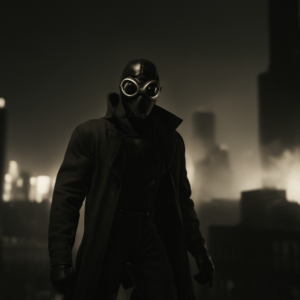 cinematic film still of  <lora:Spider-Man Noir:1>
Spider-Man Noir a man in a gas mask is standing in the city in Marvel Noir universe,solo,1boy,male focus,bodysuit,mask,night,goggles,building,jumping,city , dark theme, cinematic noir, dramatic Light, shallow depth of field, vignette, highly detailed, high budget, bokeh, cinemascope, moody, epic, gorgeous, film grain, grainy