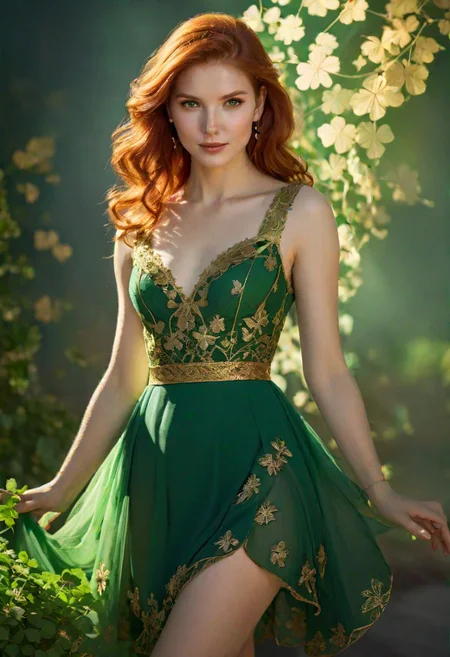 beautiful, Scottish, woman, redhead, (FastNegativeEmbedding:0.9), with green dress with gold clover leaves, torso up potrait, looking at viewer, seductive, photo in phst artstyle, Intricate, Complex contrast, highly detailed, extremely complimentary colors, beautiful, glowing aesthetic, pretty, dramatic light, sharp focus, perfect composition, clear artistic color, calm professional background, precise, joyful, perfect wide long shot visual masterpiece, <lora:MJ52:0.6>