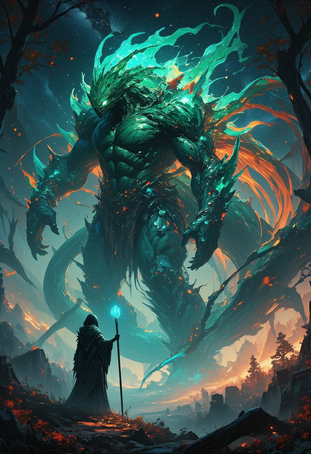 Bosstyle, Silhouette of a magician Woman holding one blue bright sacred staff with hert left hand, she is ready to fight with a giant DARK Monster Boss resembling a ethereal kaiju with horror tail: Capture the essence of nostalgia and color in this vintage photograph. Dominating the scene is a meticulously detailed, translucent dark-green Blood filled acidkaiju, adorned with vibrant patterns, blending seamlessly with its surroundings. Its long tail, composed of intricately woven ribbons in a spectrum of colors, trails, adding to the spectacle of the moment. Amidst the quietude of the night, its presence exudes a sense of ancestral strength and resilience. Behind it, the low-toned hues of the Milky Way cast a mesmerizing backdrop, a cosmic tapestry weaving tales of both past and future. ancient nature, hangs palpably in the air, atmospheric haze, Film grain, cinematic film still, shallow depth of field, highly detailed, high budget, 4k, moody, epic, OverallDetail, 2000s vintage RAW photo, photorealistic, candid camera, color graded cinematic, eye catchlights, atmospheric lighting, natural, shallow dof, masterpiece, kaiju, flowers, bright firelies, bright kaiju, nature background, outdoors, ready to fight, floors, detailed setting, loneliness, emotional and inspiring scene, battle position