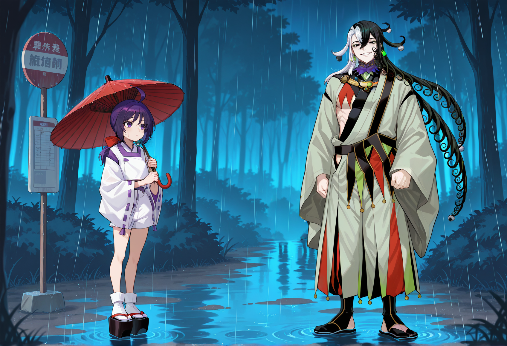 1girl, 1boy, outdoors, night, forest, bus stop, outdoors, forest, night, rain, 1girl, solo, long hair, purple hair, ahoge, low ponytail, ribbon, purple eyes, japanese clothes, wide sleeves, onmyouji, shorts, ribbon-trimmed sleeves, holding umbrella, looking to the side,   <lora:akari_ichijou_illus:1> front view, full body, sandals, tabi, platform footwear,
BREAK
1girl, 1boy, outdoors, night, forest, outdoors, forest, night, rain, trees
BREAK
1girl, 1boy, outdoors, night, forest, outdoors, forest, night, rain, 1boy, solo, ashiya douman \(fate\), looking at viewer, standing, tall male, height difference, front view, full body, masterpiece, best quality, amazing quality, very aesthetic, absurdres, highres, newest