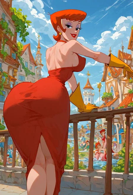 score_9, score_8_up, score_7_up, Expressiveh, masterpiece, high quality, highly detailed, Dexter's Mom, woman in red dress standing on a ledge overlooking a city, stunning digital illustration, cgsociety masterpiece, stunning cgsociety, cgsociety contest winner, cgsociety contest winner, beautiful digital artwork, ross tran 8 k, red dress, cgsociety contest winner!!!, karol bak uhd,