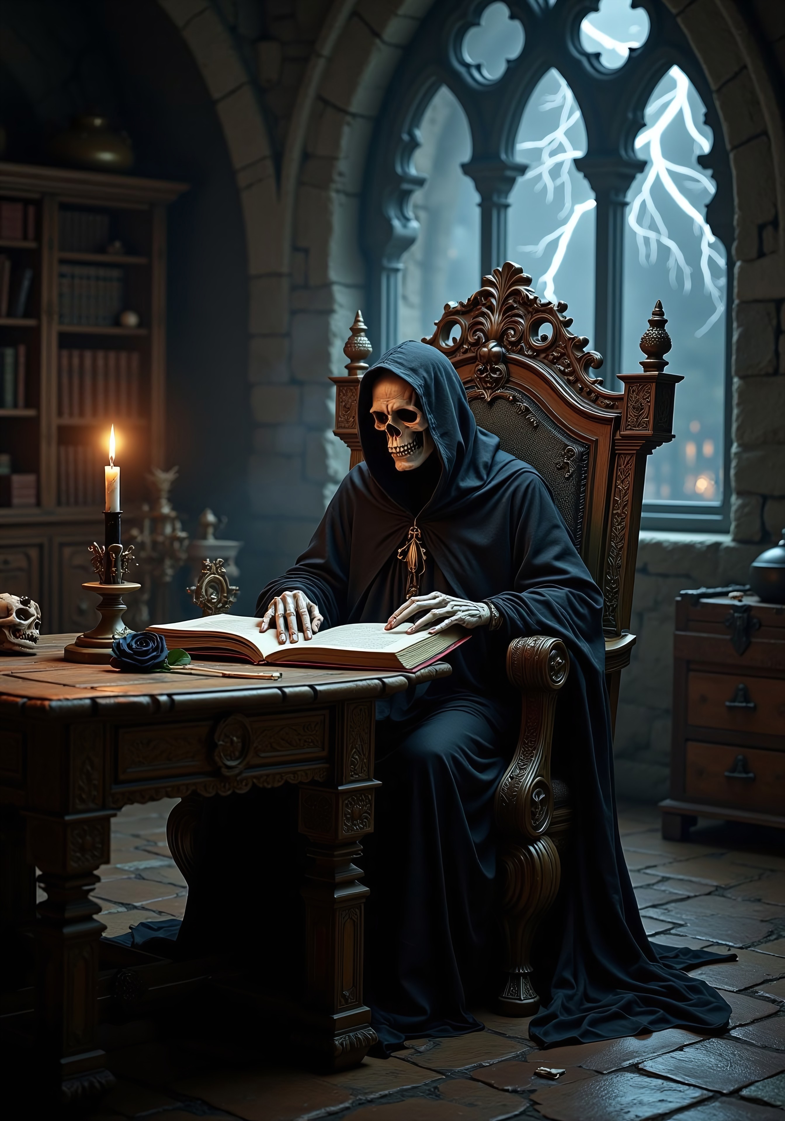 aidmaimageupgrader, a high quality digital image of the grim reaper with skeletal hands sitting in a large intricate and ornate wooden chair which makes use of carved skulls in the design, he is sitting at a wooden table reading a large and old tome, there is a black runny candle on the desk, along with a quill and a black rose, a dark stormy night and a fork of lightning is visible in the background through an arched window in a stone wall, there is a bookshelf and large wooden chest in the background too, it's midnight and very dark outside