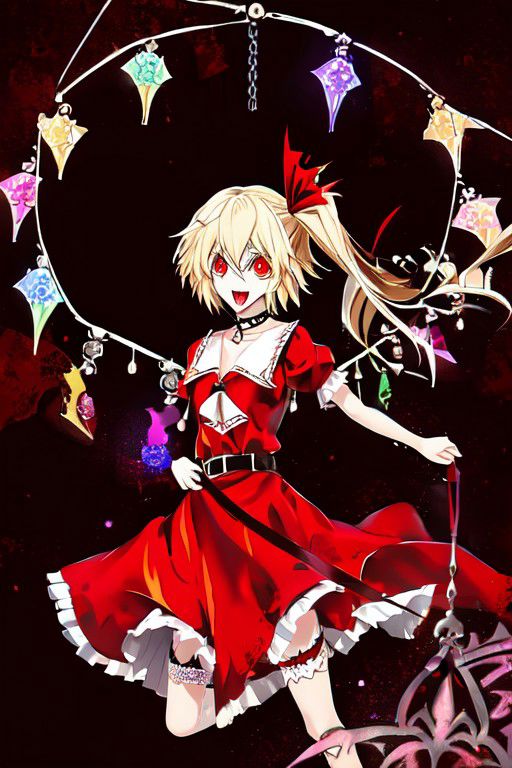 flandre_scarlet_(koumajou_densetsu), wh1te, wings, choker, white chain, bat wings, o-ring, garter belt, skull, harness, bondage harness, body harness, breasts,
